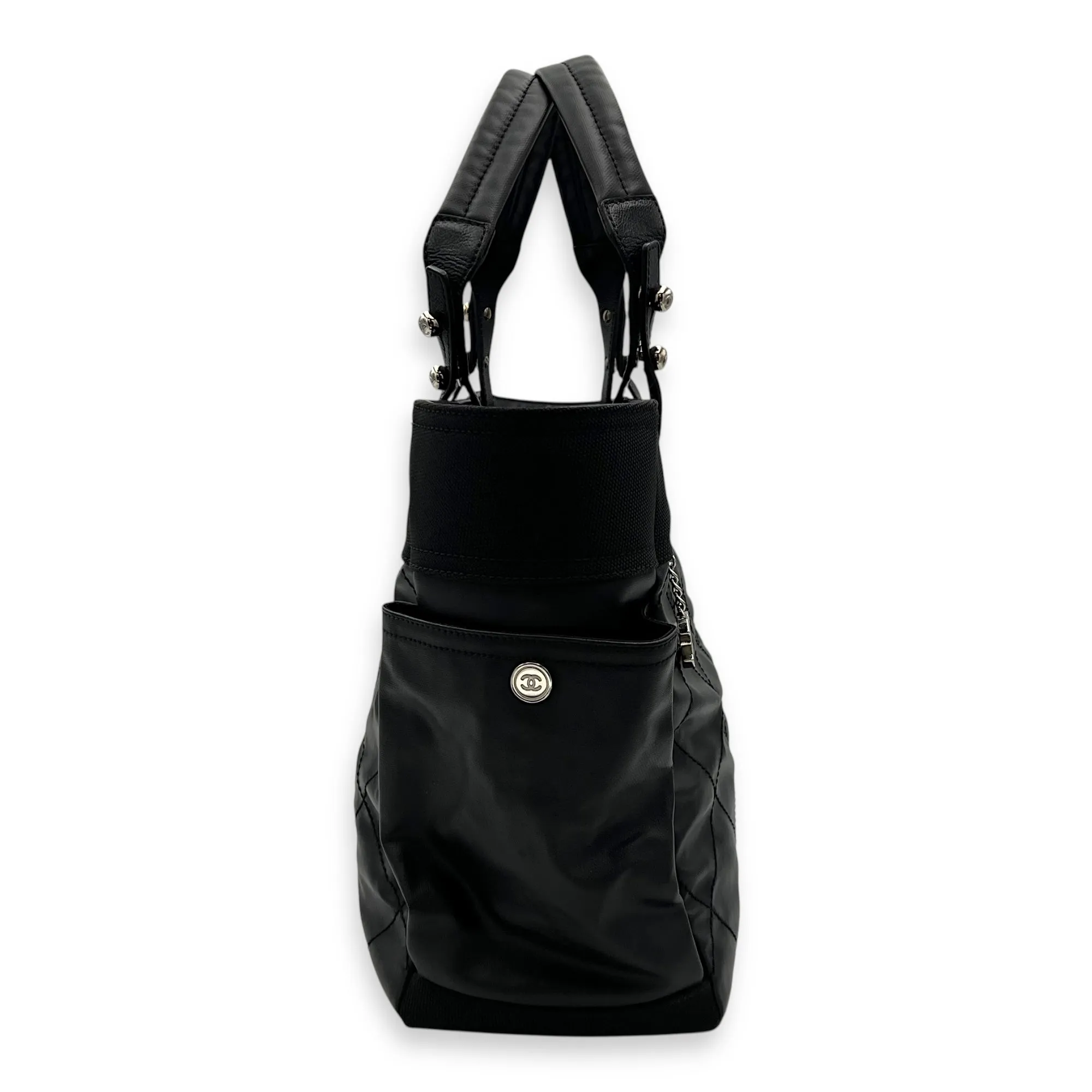 Paris Biarritz Large Black Tote Bag in Coated Canvas, Silver hardware