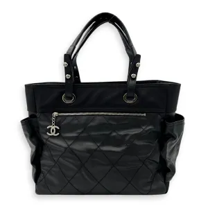 Paris Biarritz Large Black Tote Bag in Coated Canvas, Silver hardware