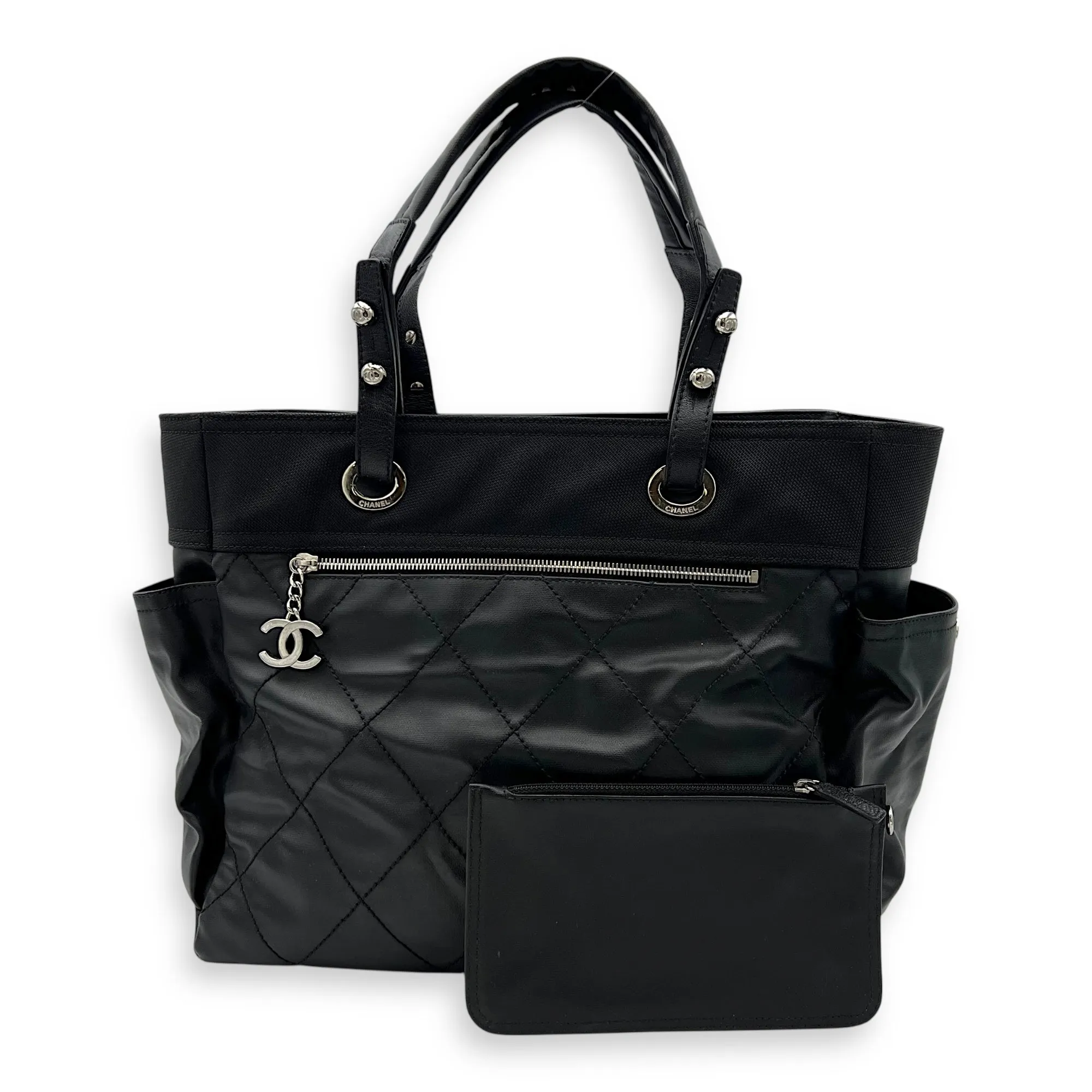Paris Biarritz Large Black Tote Bag in Coated Canvas, Silver hardware