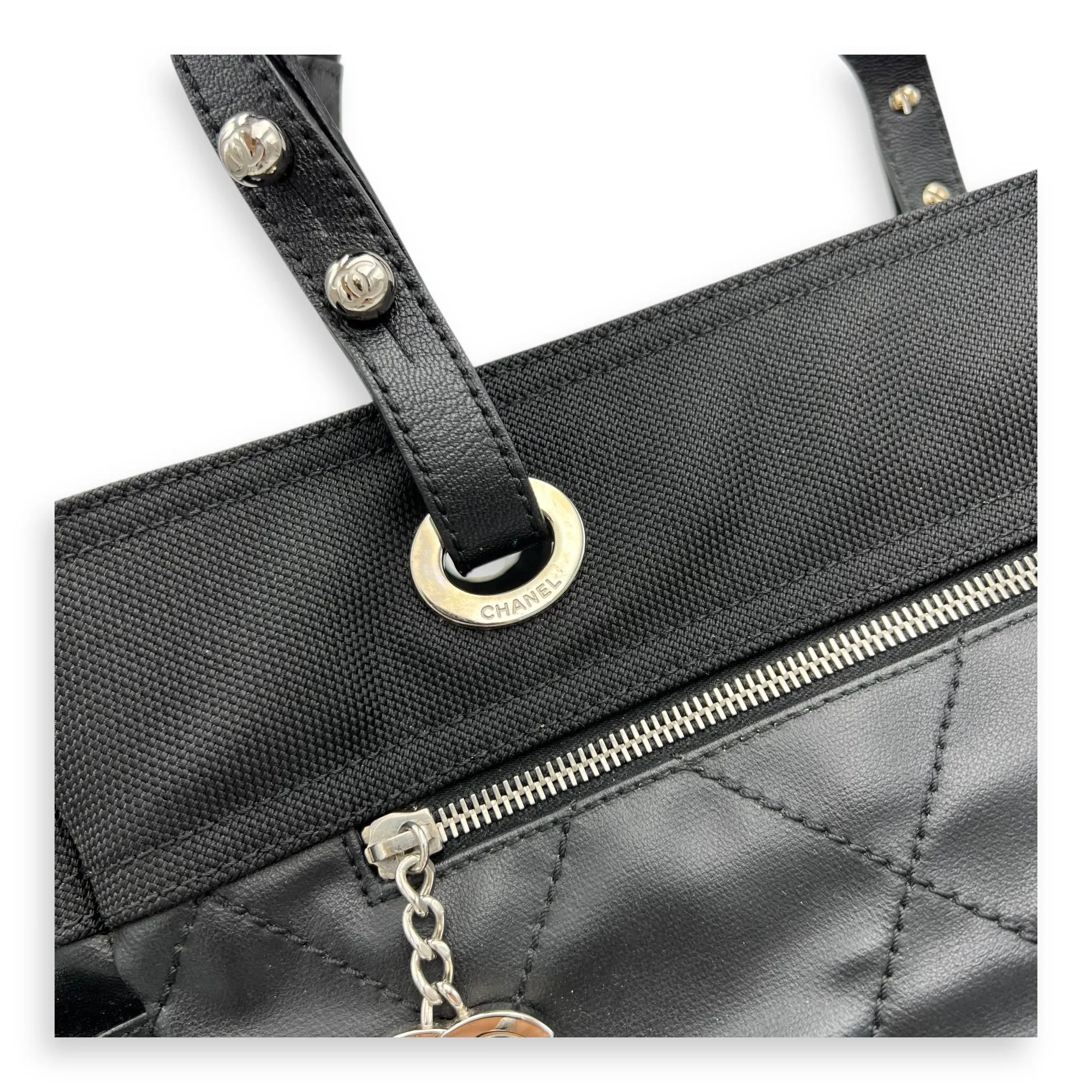 Paris Biarritz Large Black Tote Bag in Coated Canvas, Silver hardware