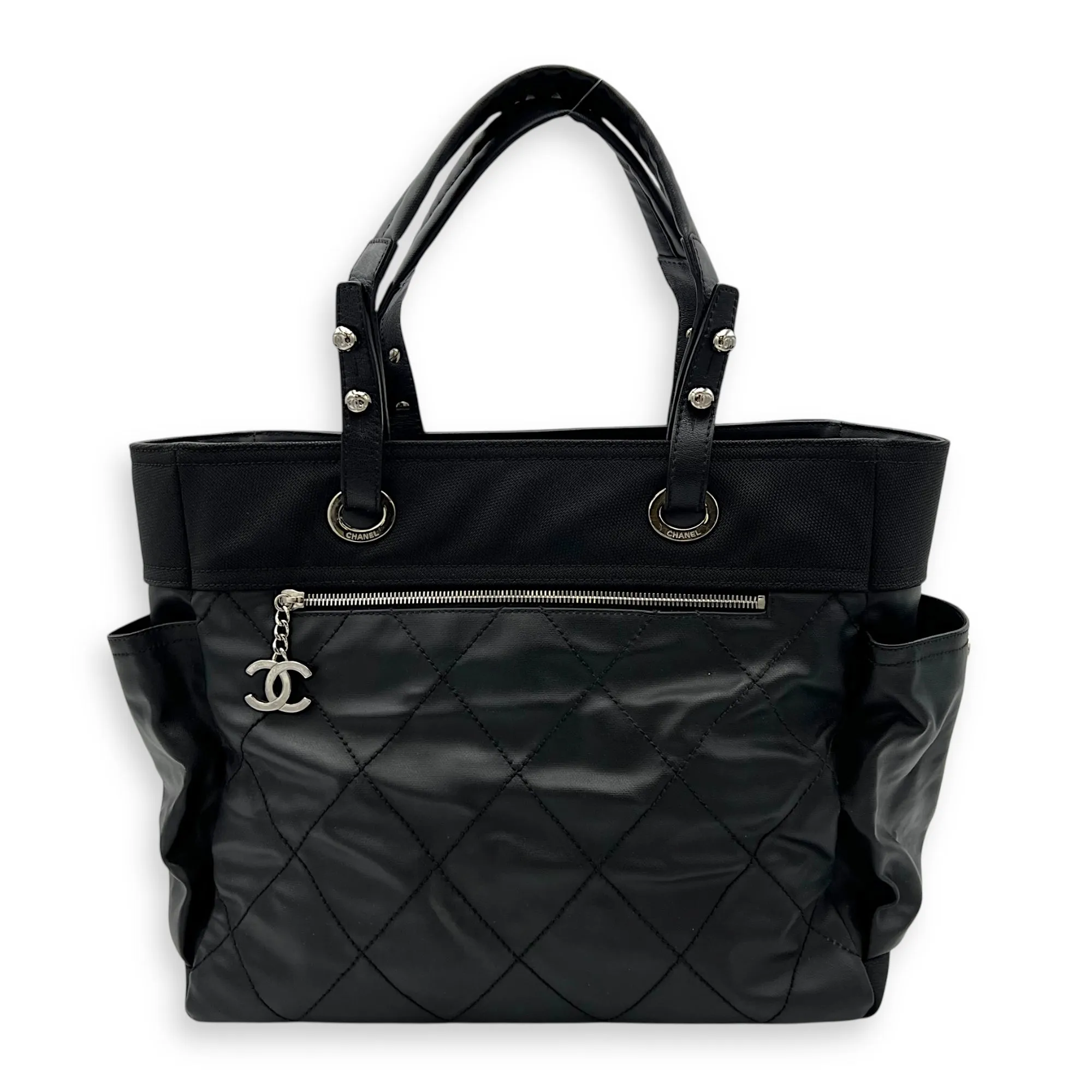 Paris Biarritz Large Black Tote Bag in Coated Canvas, Silver hardware