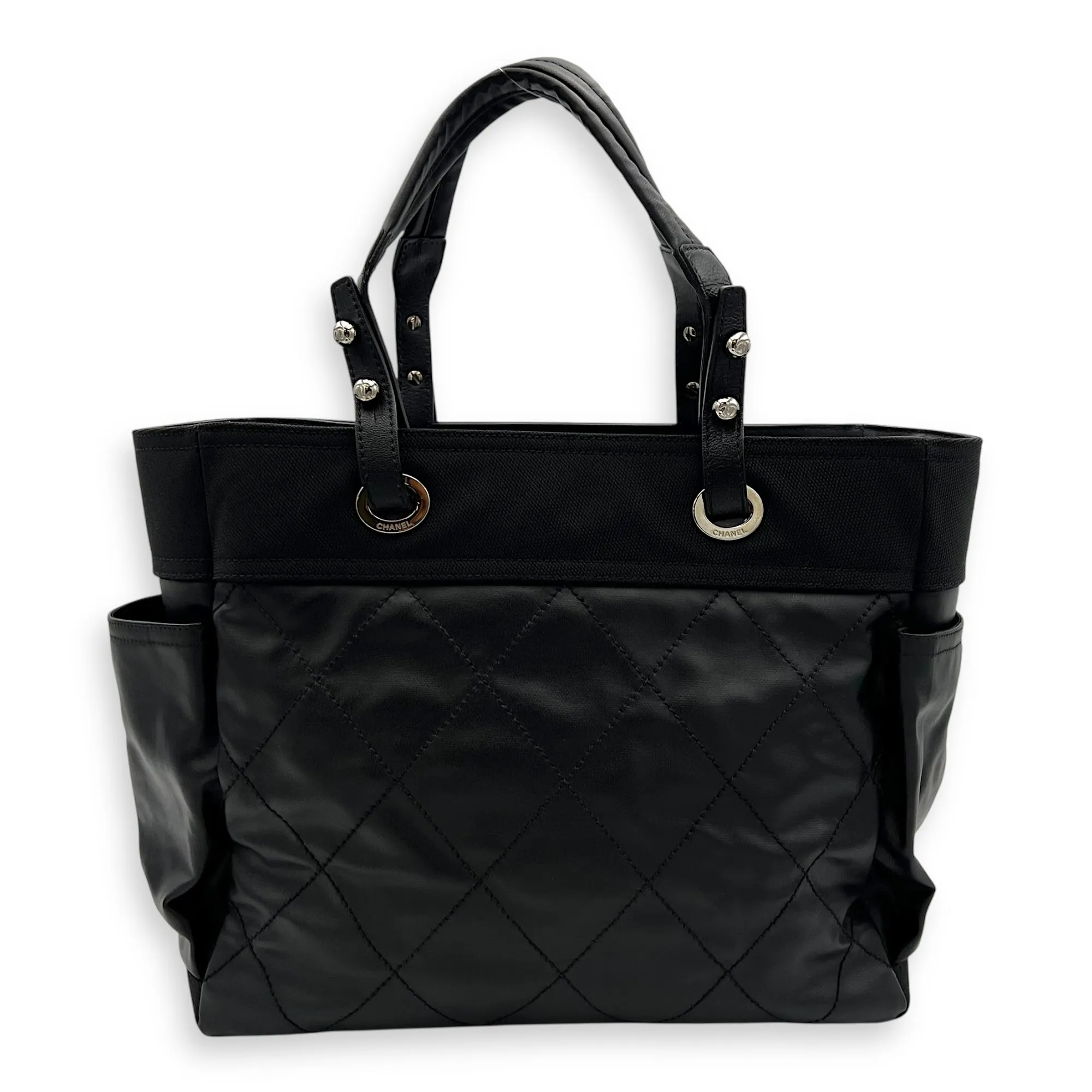 Paris Biarritz Large Black Tote Bag in Coated Canvas, Silver hardware