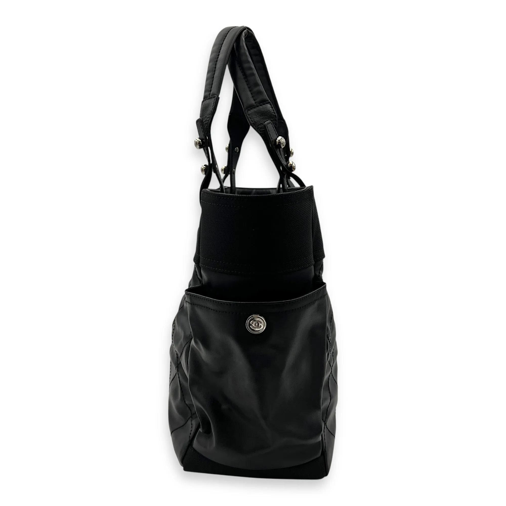 Paris Biarritz Large Black Tote Bag in Coated Canvas, Silver hardware