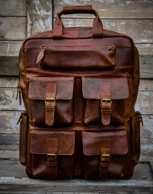 Pecan Brown Five Pockets Leather Backpack