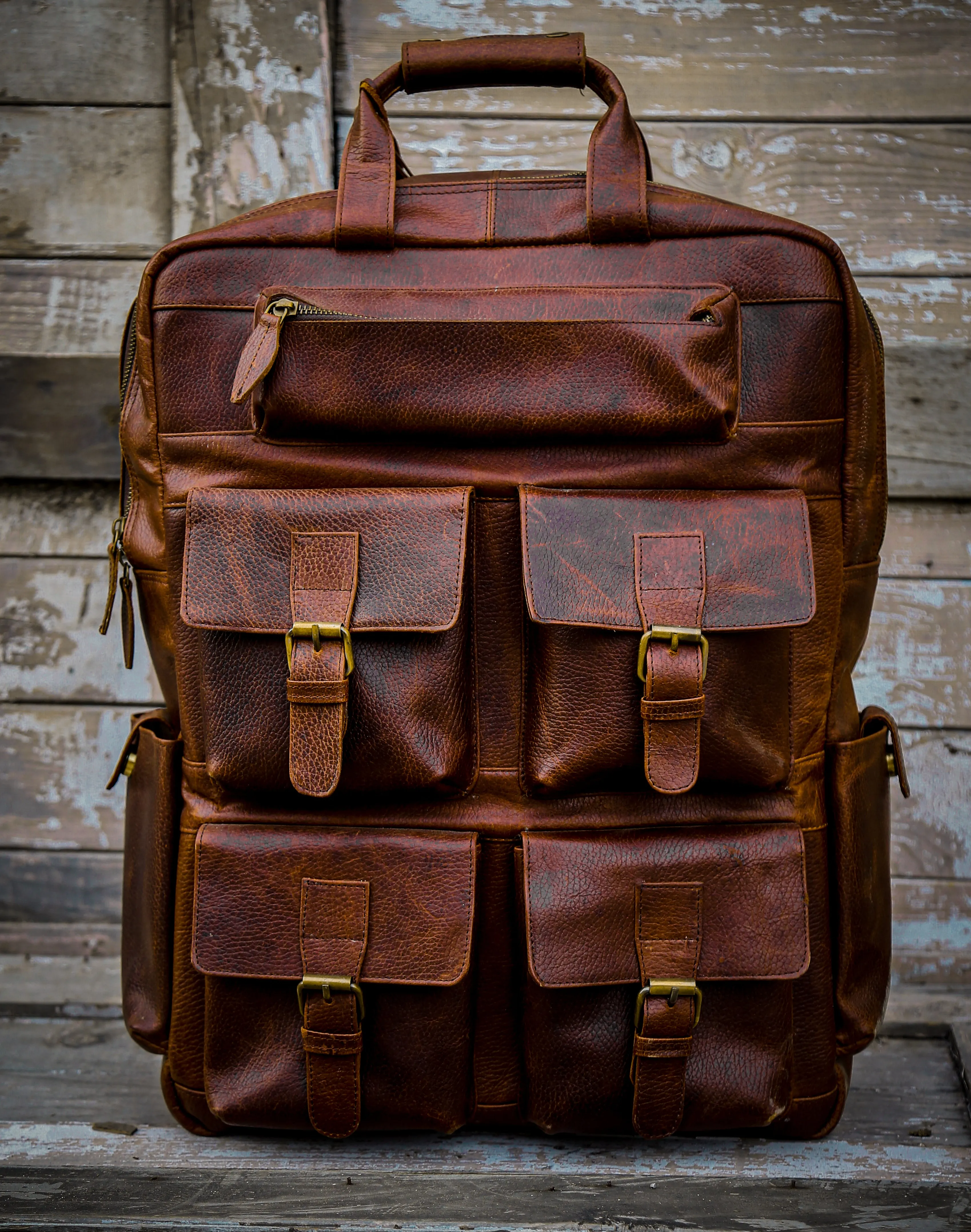 Pecan Brown Five Pockets Leather Backpack