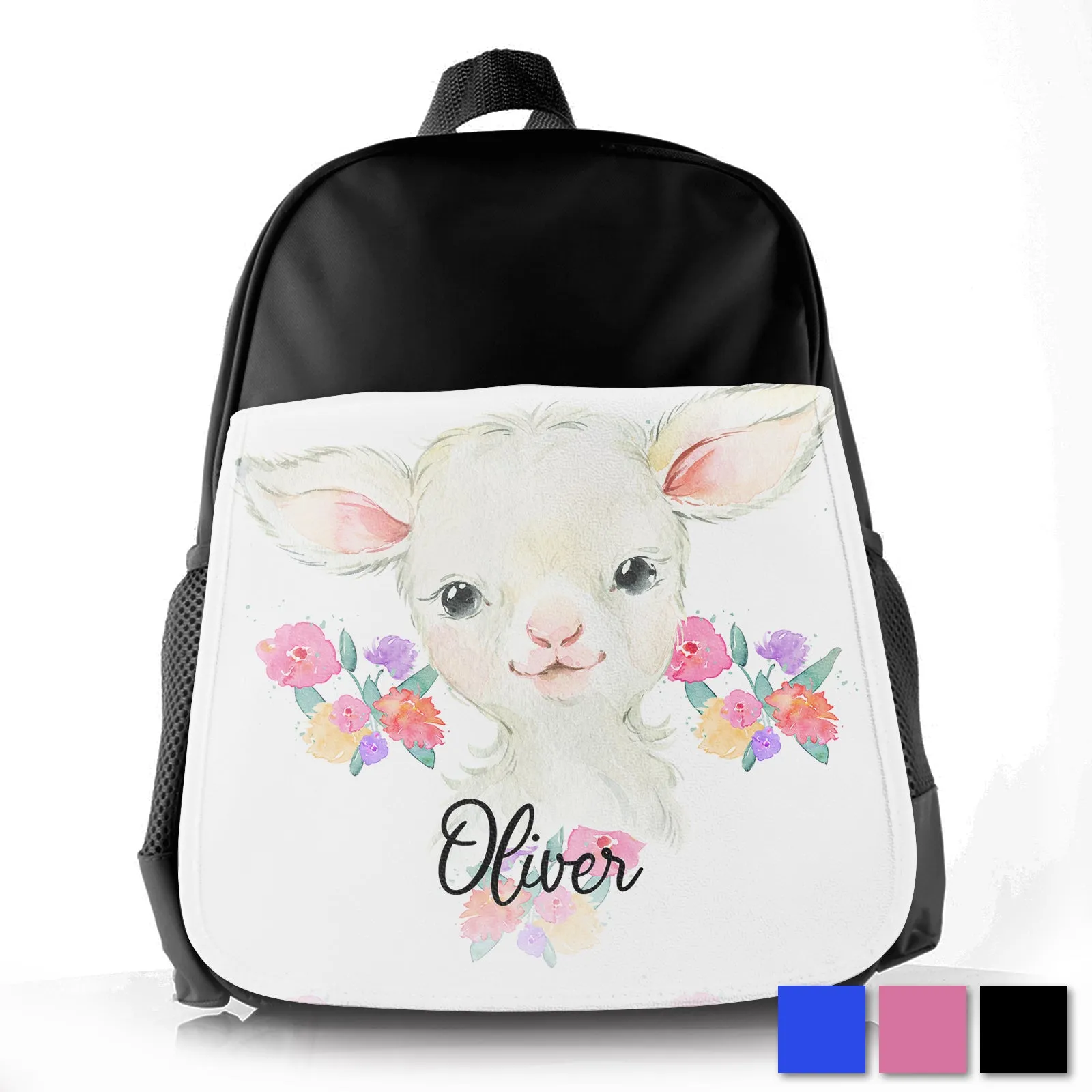 Personalised School Bag with Cute Text and White Lamb Flowers