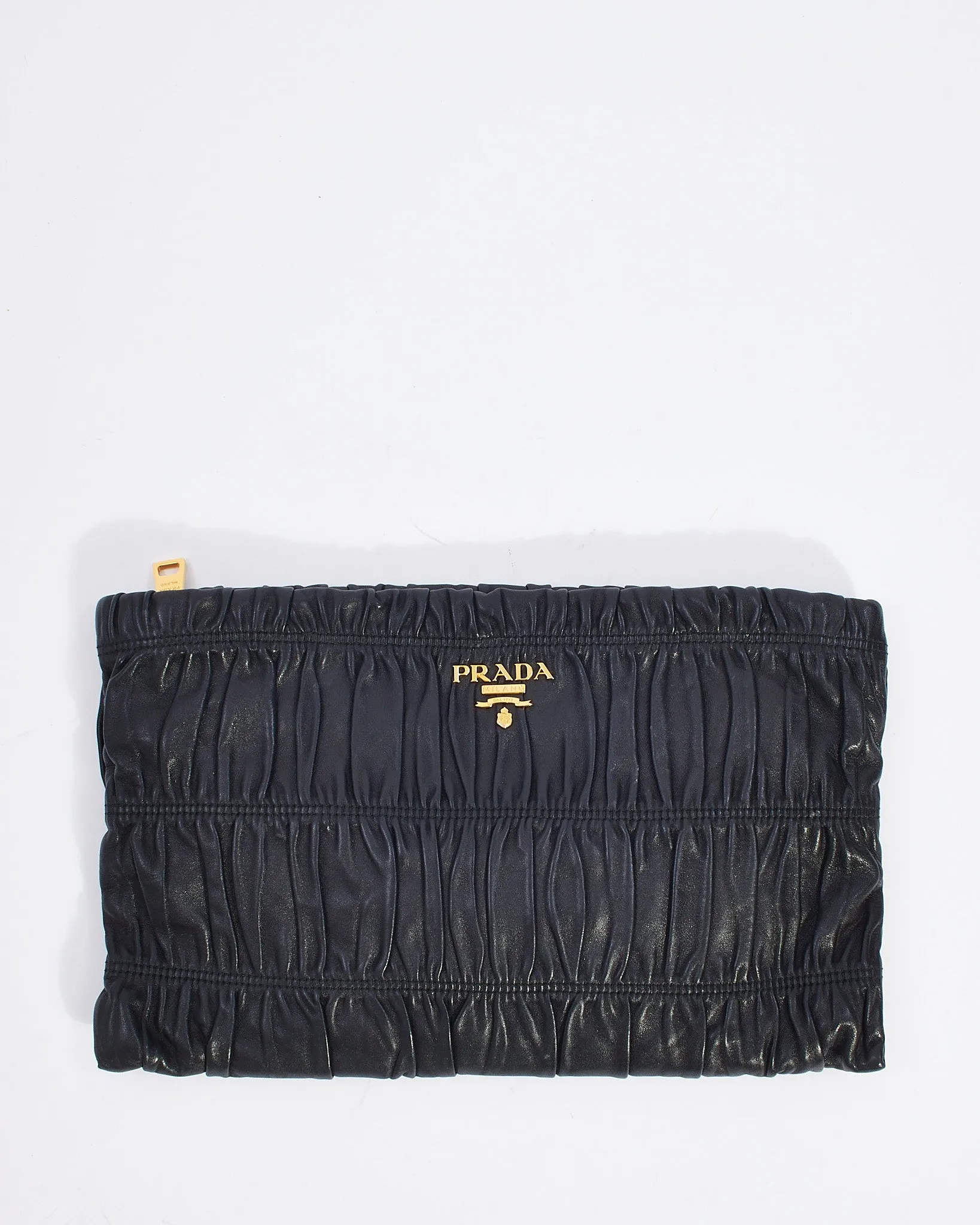 Prada Black Gaufre Leather Large Zip Clutch