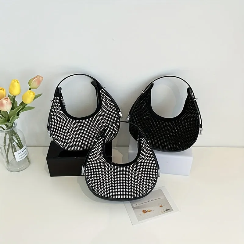 realaiot  Rhinestone Decor Hobo Bag, Trendy Evening Handbags, Glitter Underarm Purse For Women