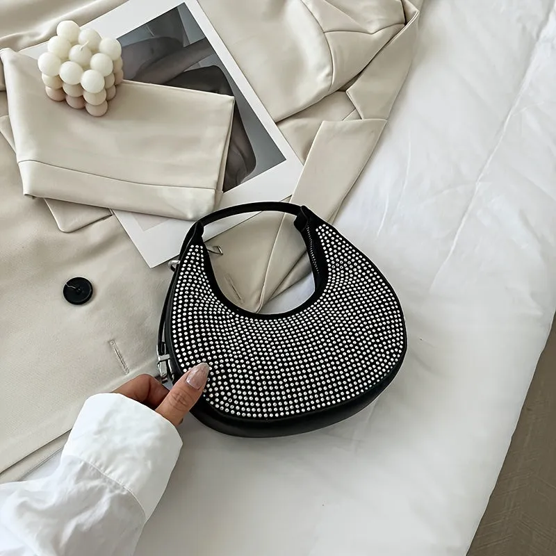 realaiot  Rhinestone Decor Hobo Bag, Trendy Evening Handbags, Glitter Underarm Purse For Women