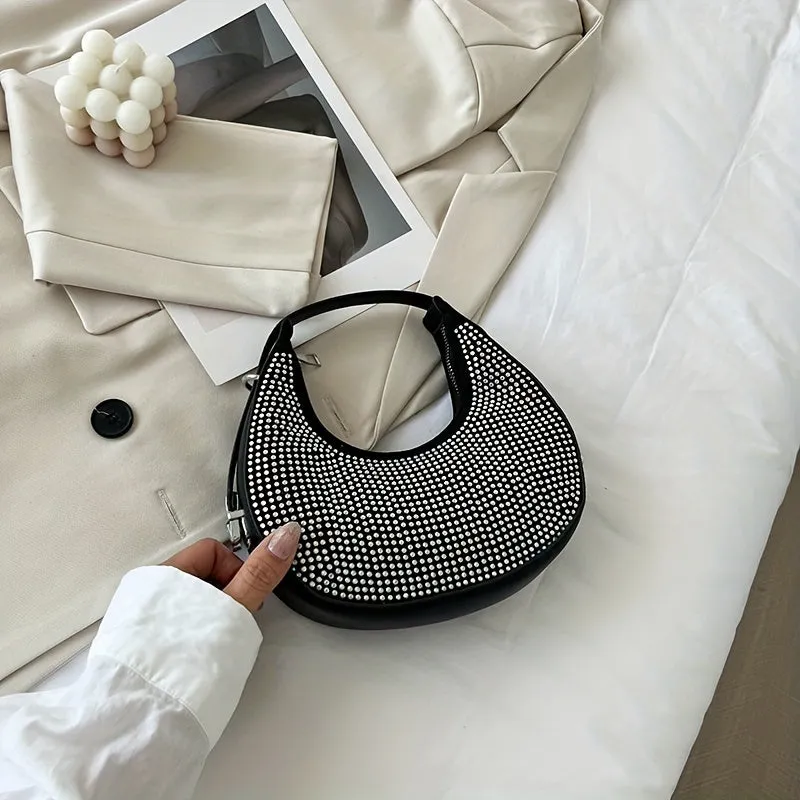 realaiot  Rhinestone Decor Hobo Bag, Trendy Evening Handbags, Glitter Underarm Purse For Women