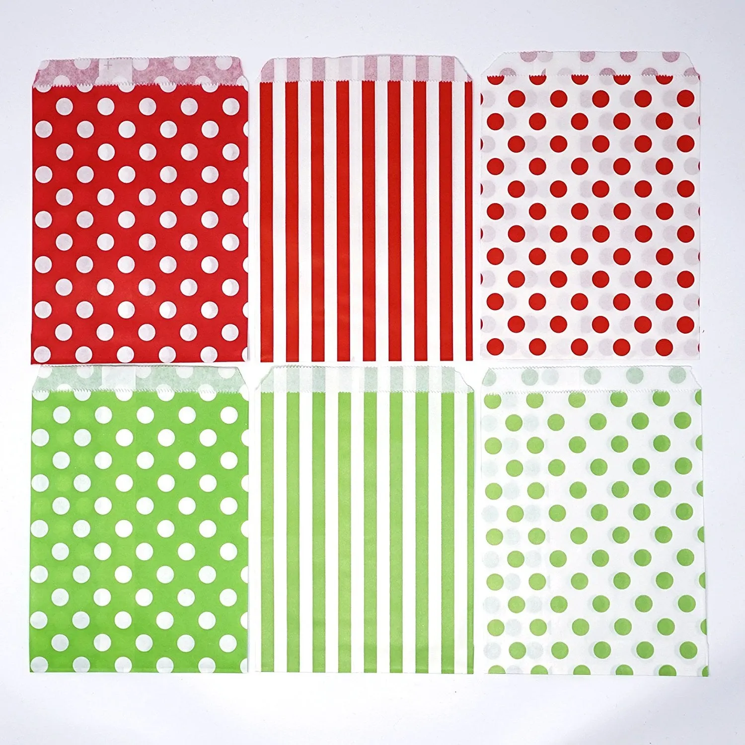 Red and Green Chevron, Dot, and Stripe Paper Treat Favor Bags 5x7 Gift Bags - 48 count