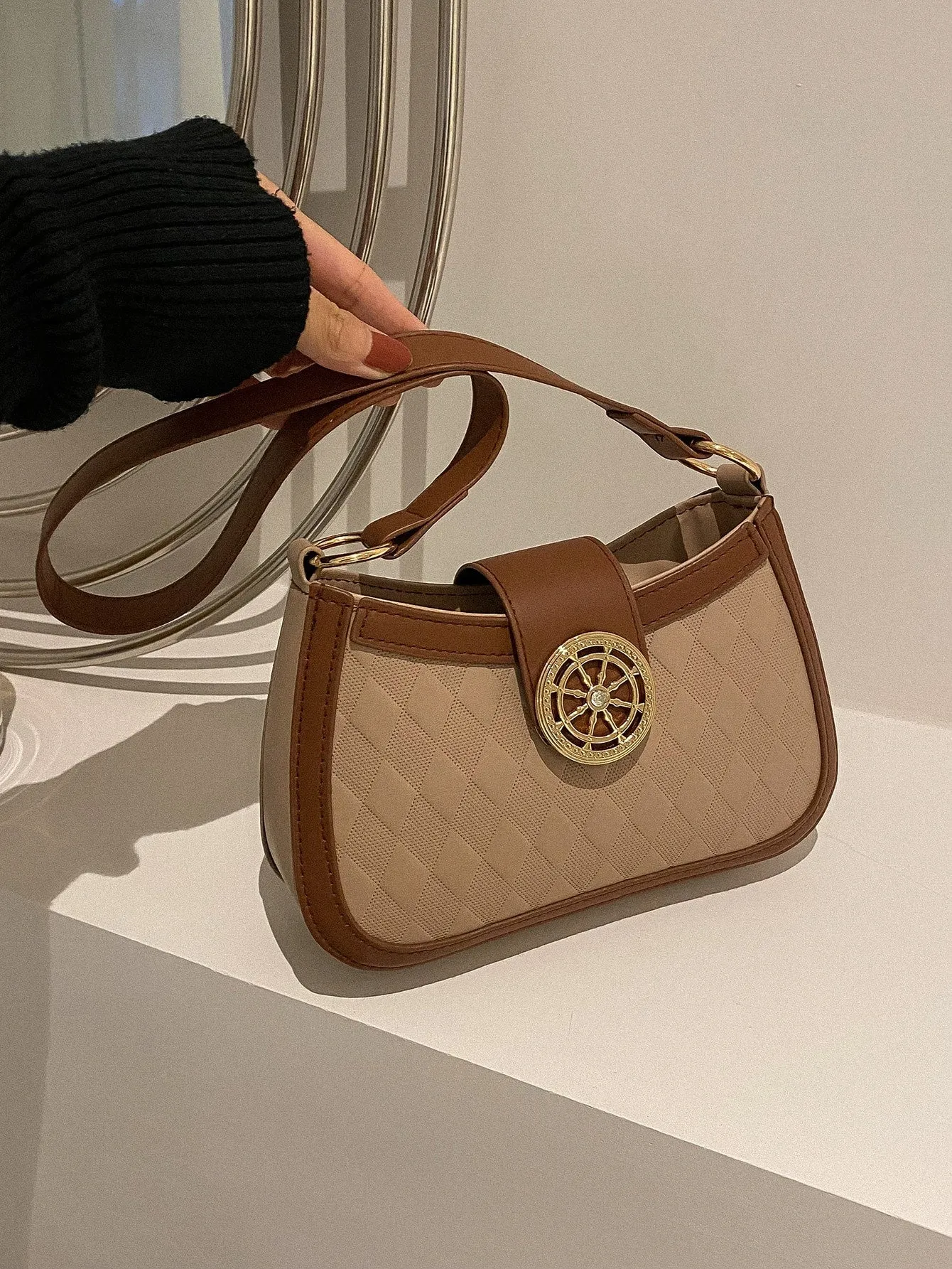 Rhinestone Detail Argyle Pattern Hobo Bag - Multicolor
