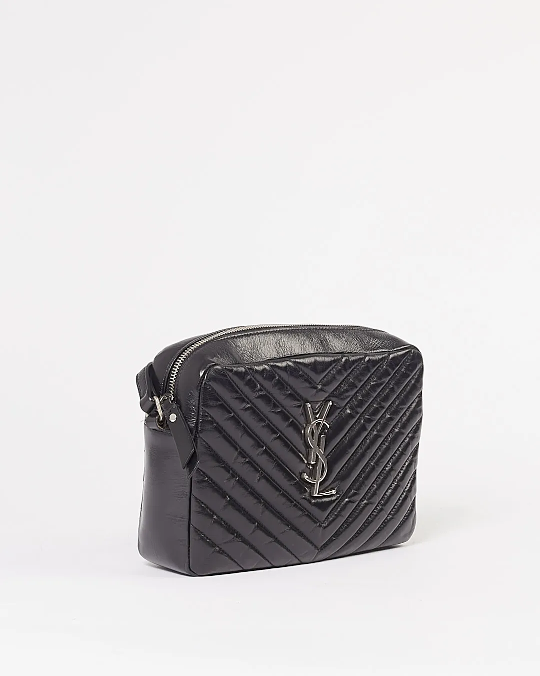 Saint Laurent Black Crinkled Leather Chevron Matelasse Lou Camera Bag