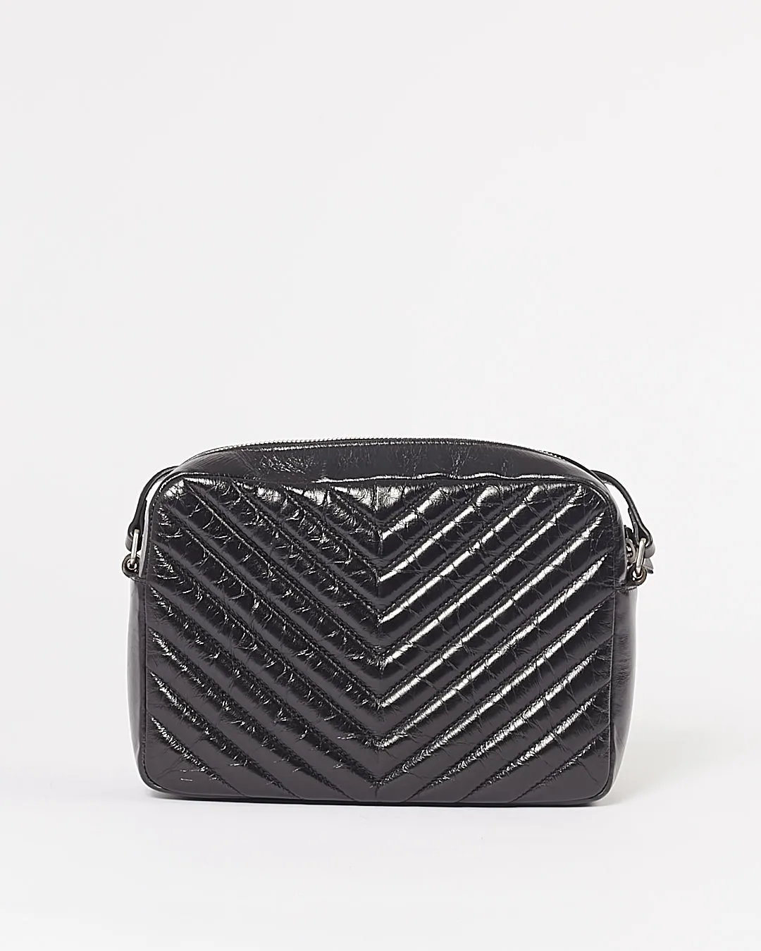 Saint Laurent Black Crinkled Leather Chevron Matelasse Lou Camera Bag