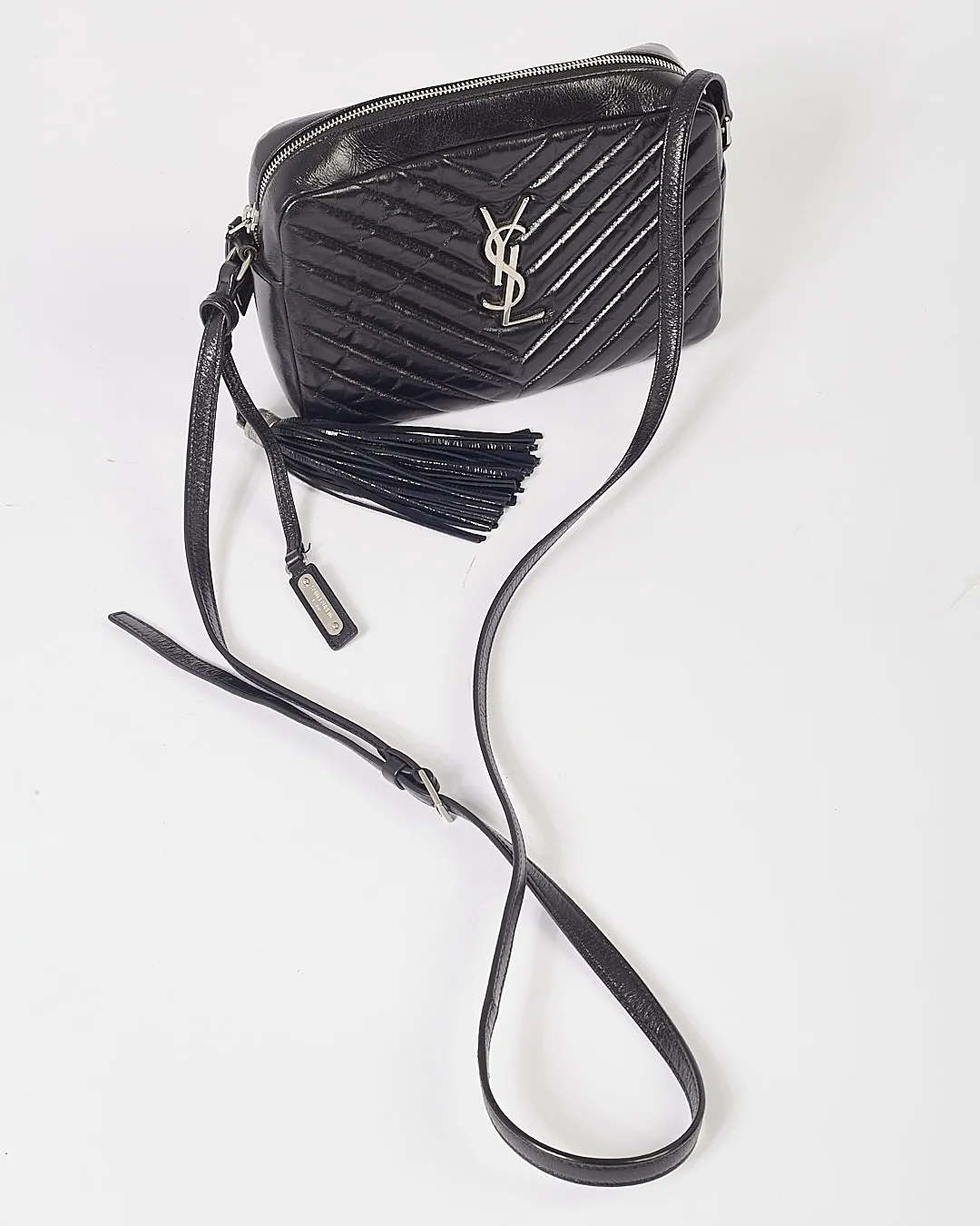 Saint Laurent Black Crinkled Leather Chevron Matelasse Lou Camera Bag