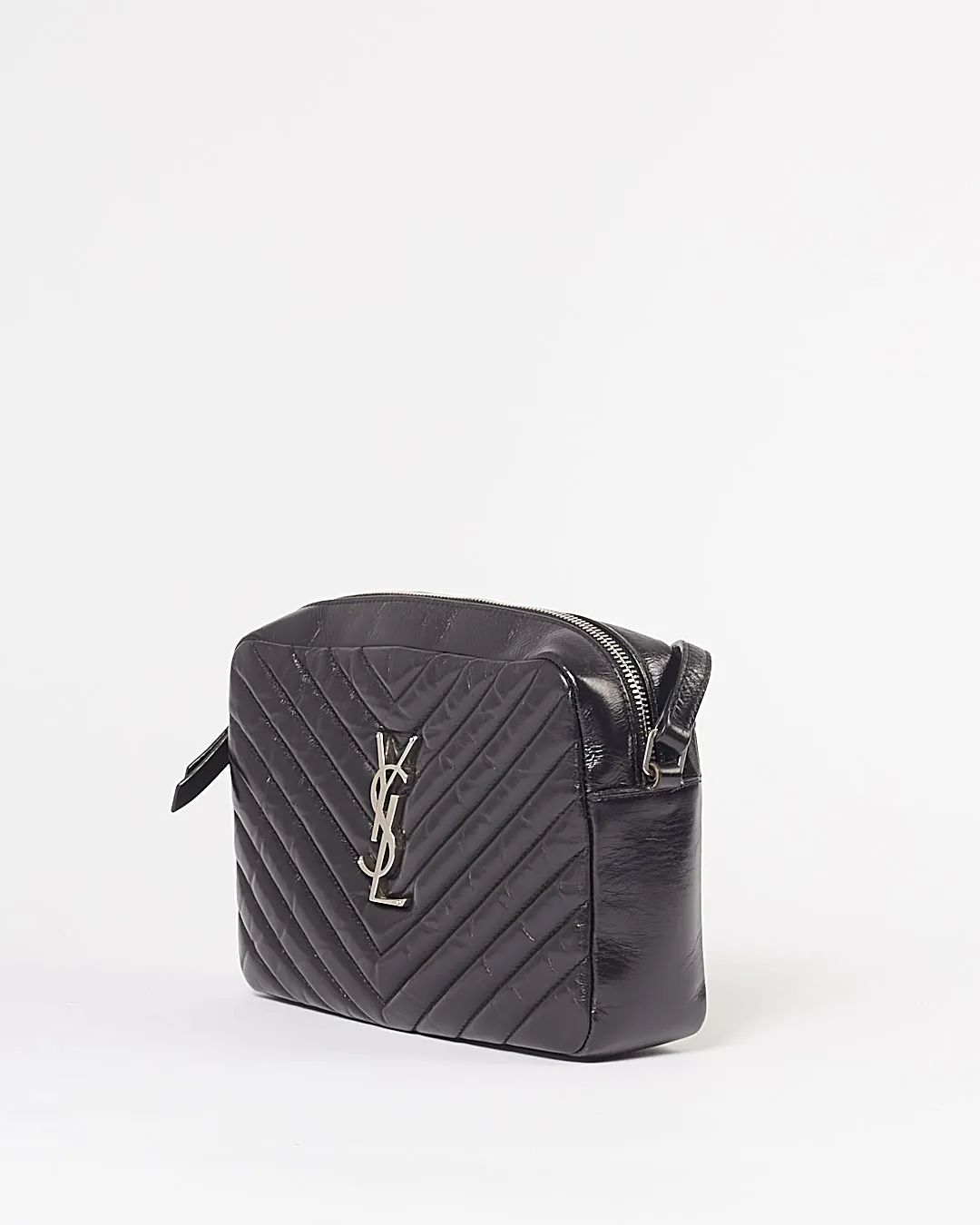 Saint Laurent Black Crinkled Leather Chevron Matelasse Lou Camera Bag