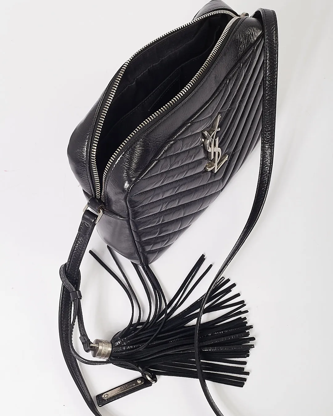 Saint Laurent Black Crinkled Leather Chevron Matelasse Lou Camera Bag