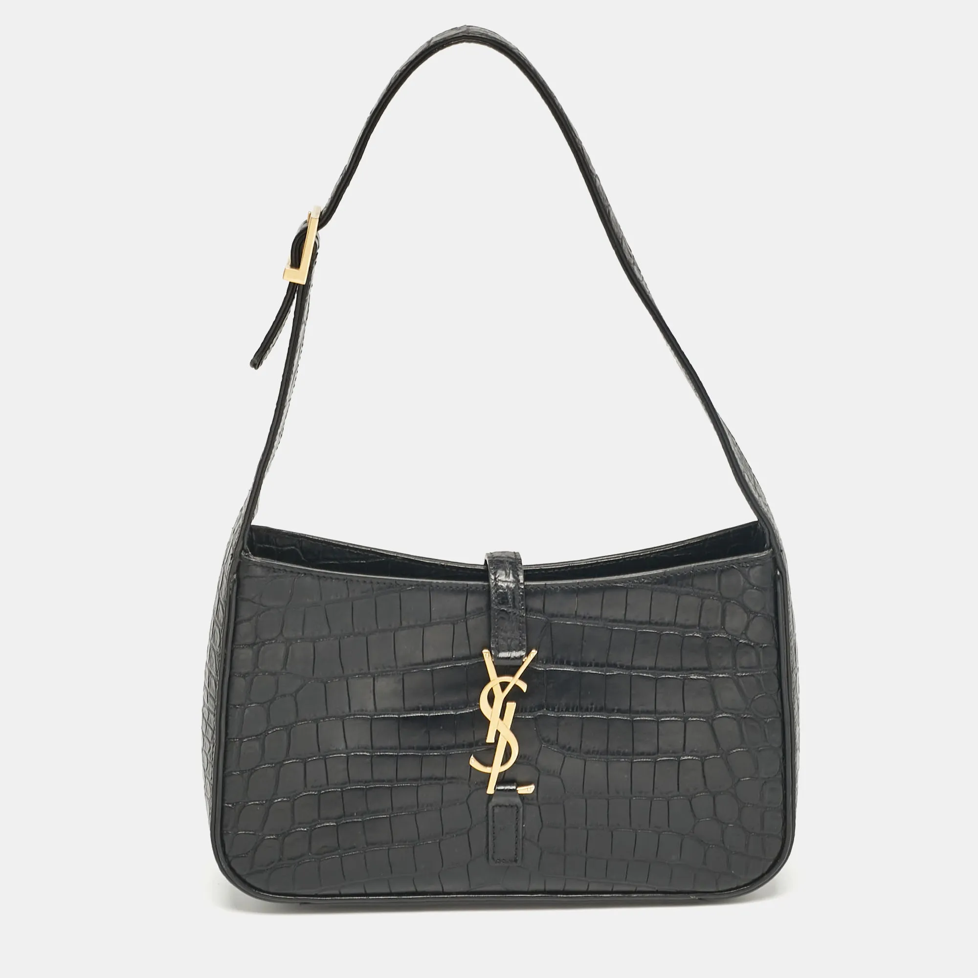 Saint Laurent Black Croc Embossed Leather LE 5 &Agrave; 7 Hobo