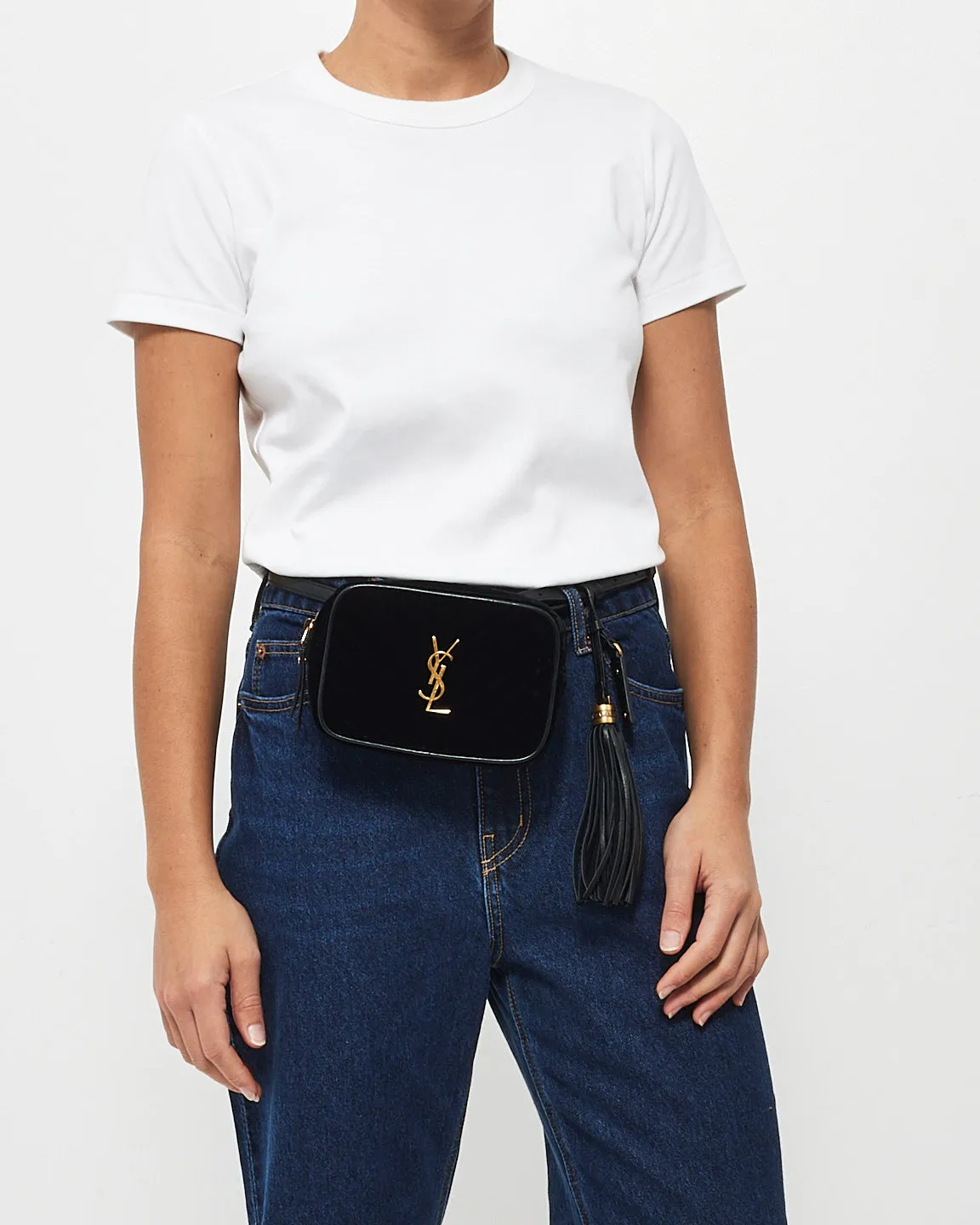 Saint Laurent Black Velvet Monogram Chevron Belt Bag