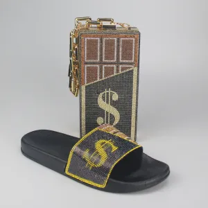 Sequins Rhinestone Dollar Print Slippers & Clutch Bags