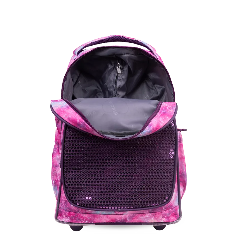 Sparkle 15 Inch Kids Rolling Backpack / Carry On in Purple Galaxy