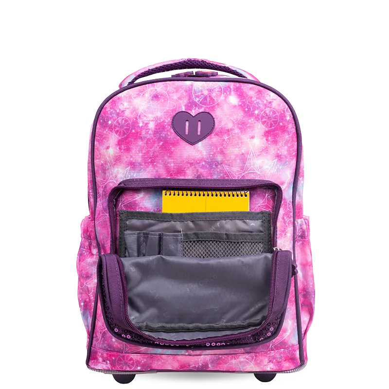 Sparkle 15 Inch Kids Rolling Backpack / Carry On in Purple Galaxy