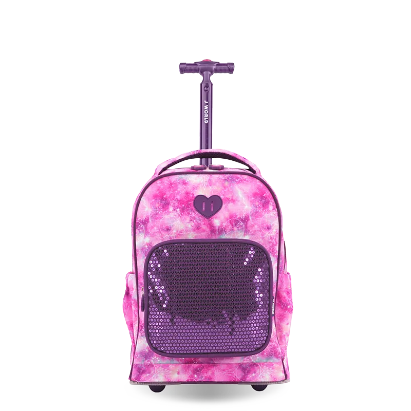 Sparkle 15 Inch Kids Rolling Backpack / Carry On in Purple Galaxy