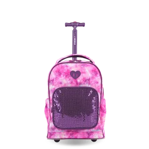 Sparkle 15 Inch Kids Rolling Backpack / Carry On in Purple Galaxy