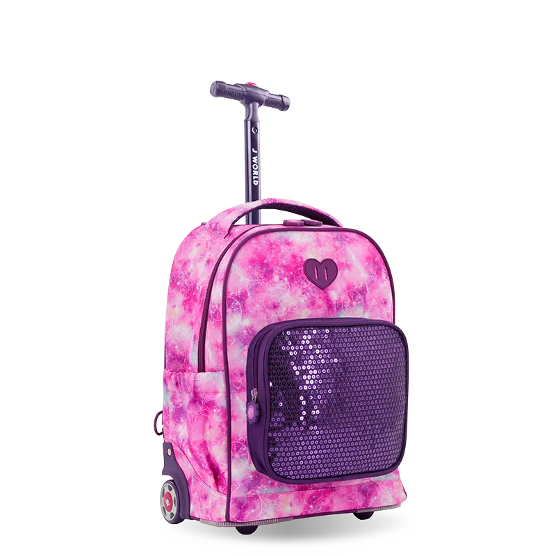 Sparkle 15 Inch Kids Rolling Backpack / Carry On in Purple Galaxy
