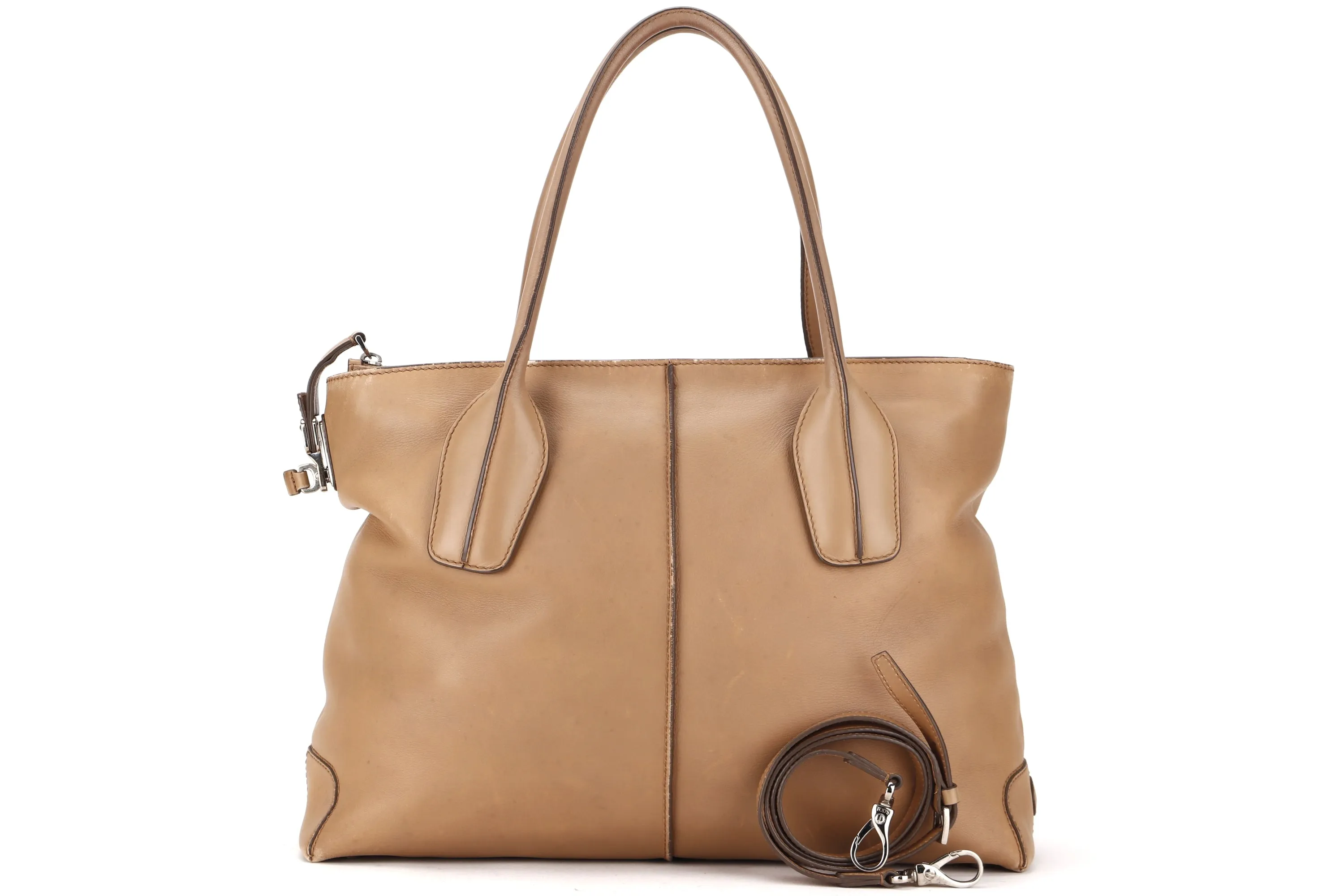 TOD'S LIGHT BROWN COLOR D-STYLING BAULETTO 2 WAY USE LEATHER BAG, WITH STRAP, NO DUST COVER
