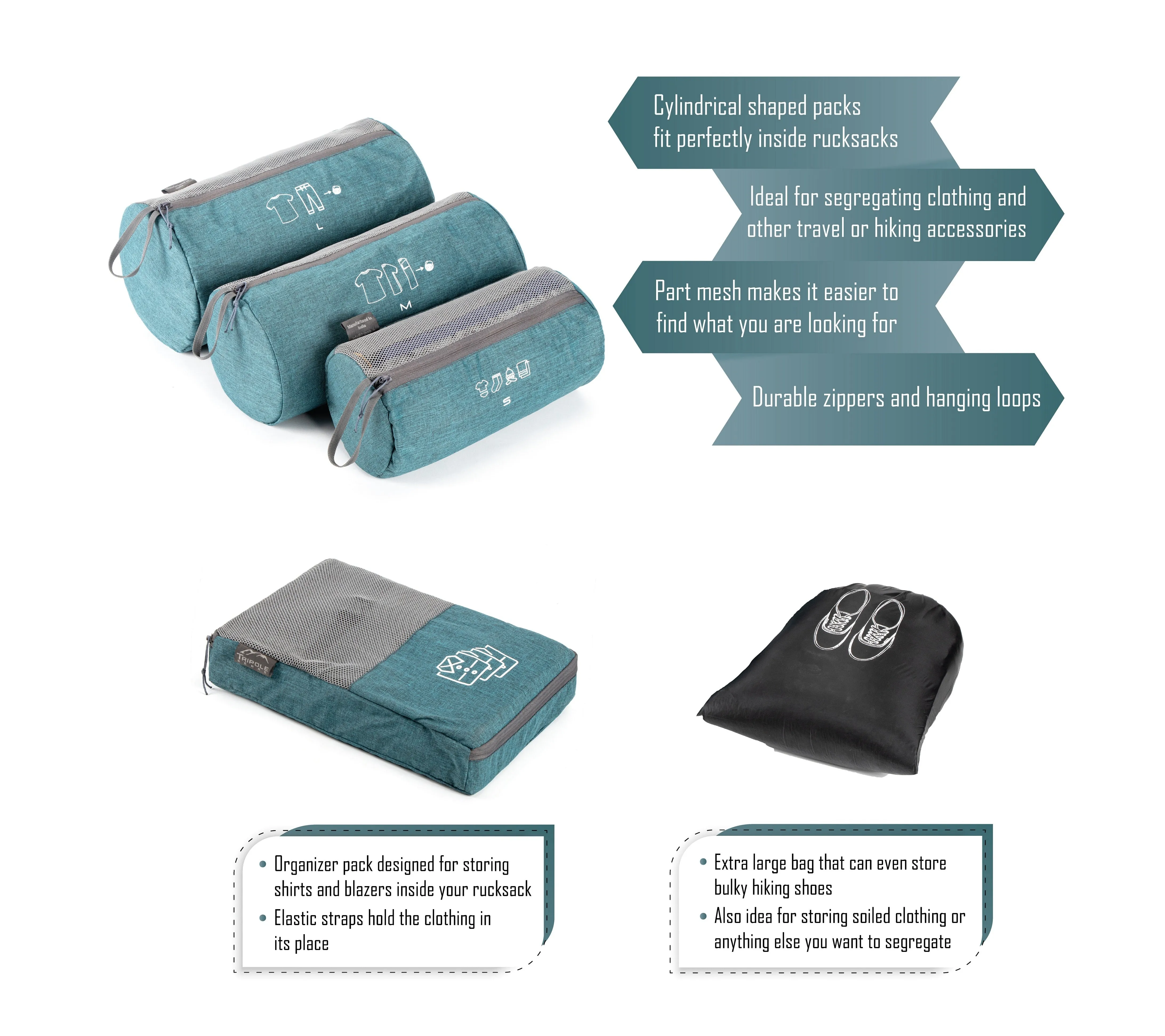 Tripole Organizer Packs - Cylindrical Shaped for Rucksacks - Set of 3 | Sea Green
