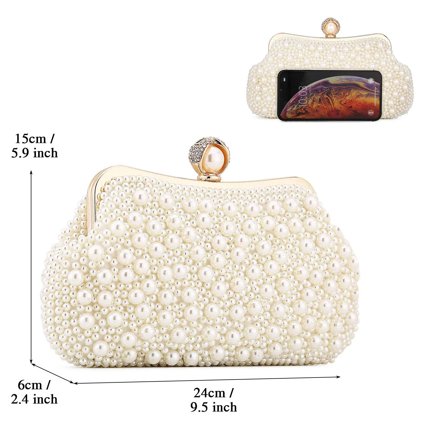 UBORSE Women Pearl Clutch Bead Rhinestone Evening Clutch Bag with removable Pearl Chain Ivory White