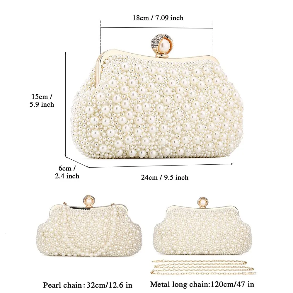 UBORSE Women Pearl Clutch Bead Rhinestone Evening Clutch Bag with removable Pearl Chain Ivory White