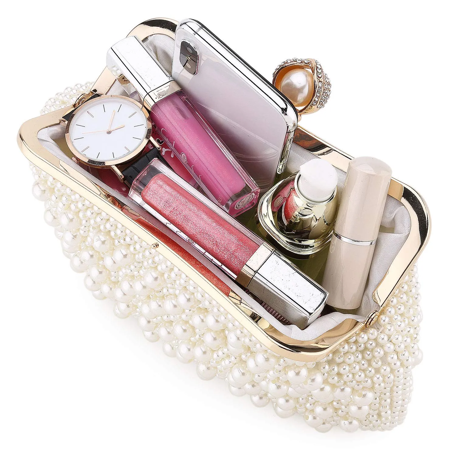 UBORSE Women Pearl Clutch Bead Rhinestone Evening Clutch Bag with removable Pearl Chain Ivory White
