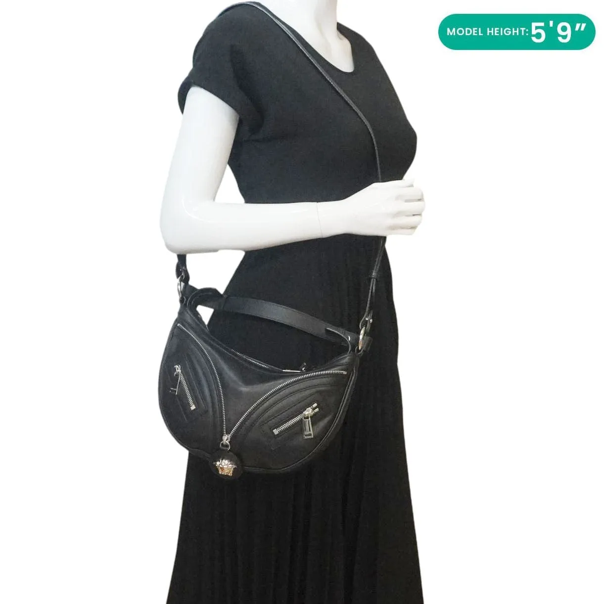 VERSACE Repeat Leather Hobo Shoulder Bag Black