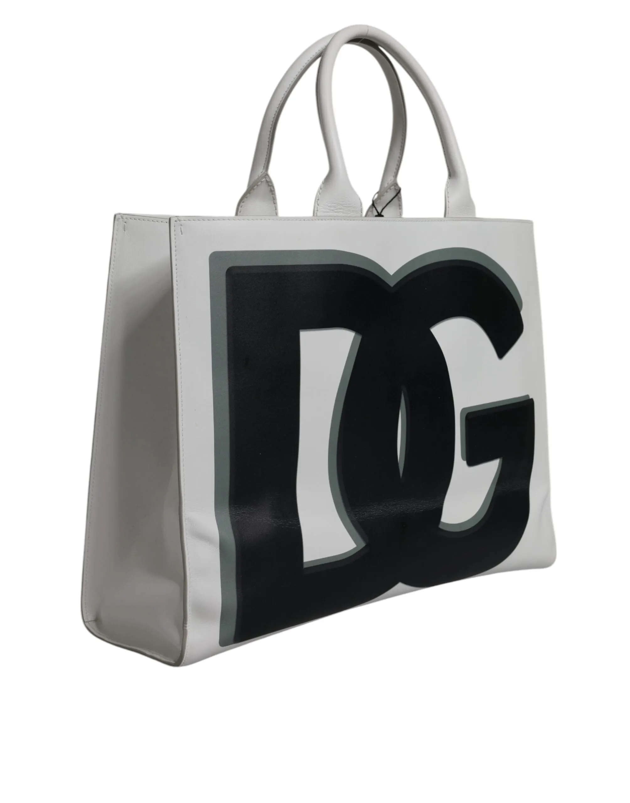 White Logo Print DG Daily Calfskin Shopping Tote Bag
