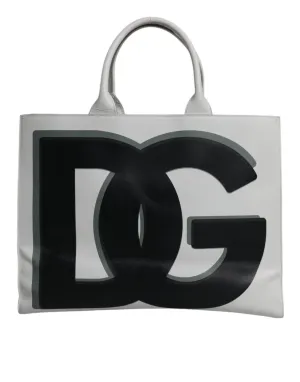 White Logo Print DG Daily Calfskin Shopping Tote Bag