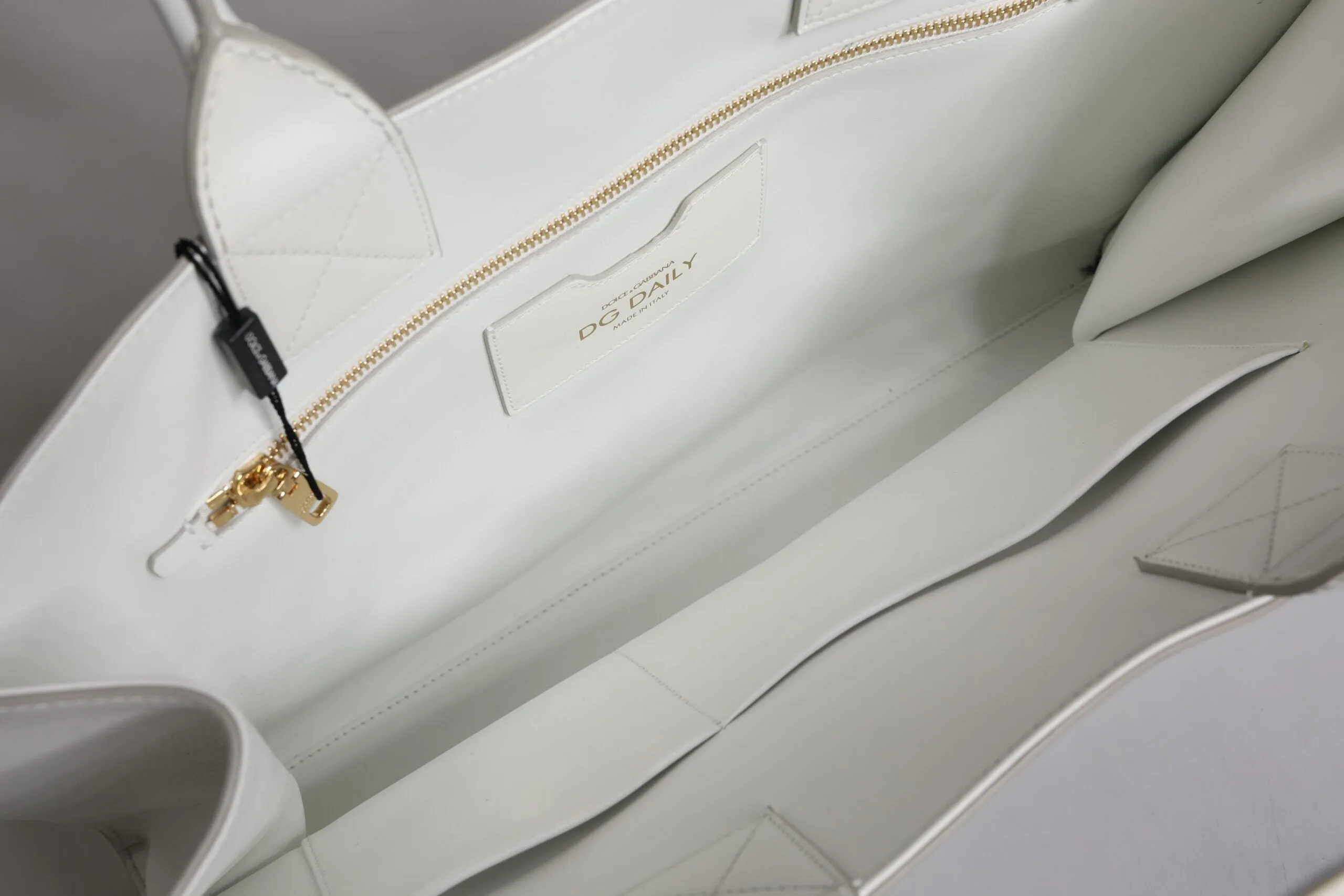 White Logo Print DG Daily Calfskin Shopping Tote Bag
